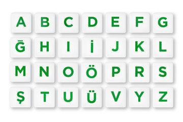 Complete Turkish alphabet letters on white buttons. Isolated background