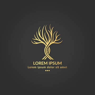 Golden tree logo design on a black background. Modern illustration. Isolated vector. Great for emblem, monogram, invitation, flyer or any desired idea.