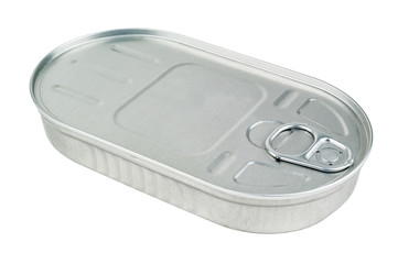metal tin, canned fish on white