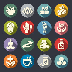 Alternative medicine. Massage, herbal pharmacy, yoga. Flat vector icon set