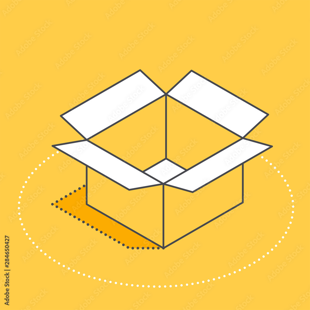 Poster isometric vector image on a yellow background, an icon in the form of an open box, a package and a p