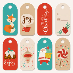 Tags and labels for Christmas holidays with symbols and lettering.