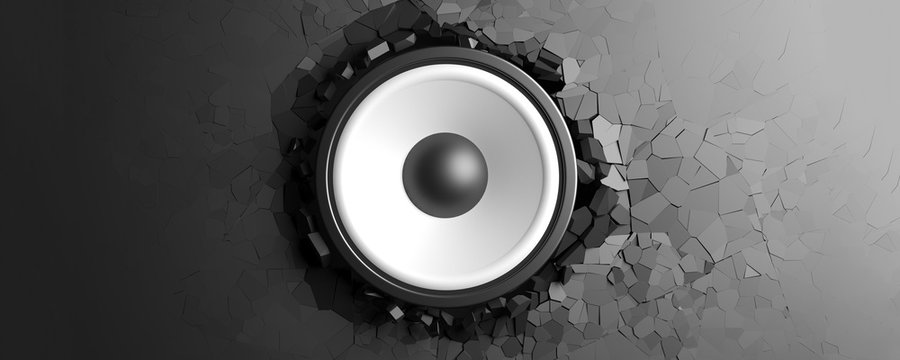 Black wall breaks from sound with speaker. 3d illustration