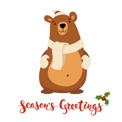 Season's Greetings vector card with funny Christmas bear