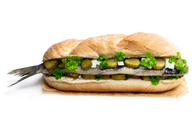 Traditional Dutch sandwich with herring and pickles isolated on white