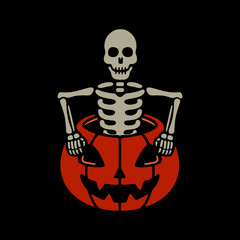 Halloween pumpkin skeleton color on black background