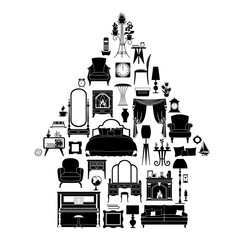 Silhouettes of various furniture, decor and accessories laid out in the shape of a house. Vector illustration. Black and white stencil.