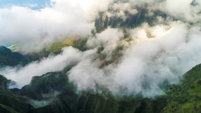 Aerial shot of the cliff mountain and the sea in Na Pali coast in Kauai Hawaii