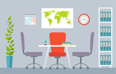 Head office interior with furniture. Flat style meeting room. Vector room with furniture table armchairs. Cabinet with furniture.