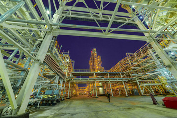 view of metal pipes of illuminated industrial plant outdoor at night 