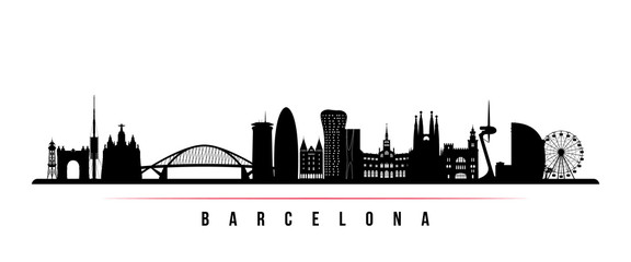 Barcelona City skyline horizontal banner. Black and white silhouette of Barcelona City, Spain. Vector template for your design. - obrazy, fototapety, plakaty