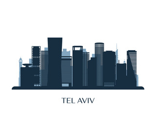 Tel Aviv skyline, monochrome silhouette. Vector illustration. - obrazy, fototapety, plakaty