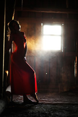 Silhouette of a beautiful girl in a red dress