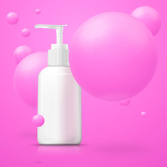 Vector 3d realistic white pump bottle with big pink bubbles. Mock-up for product package branding.