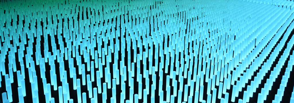 Modern technology geometric shapes, lights in a row. Abstract pattern background in black and turquoise. Connection Technology. 