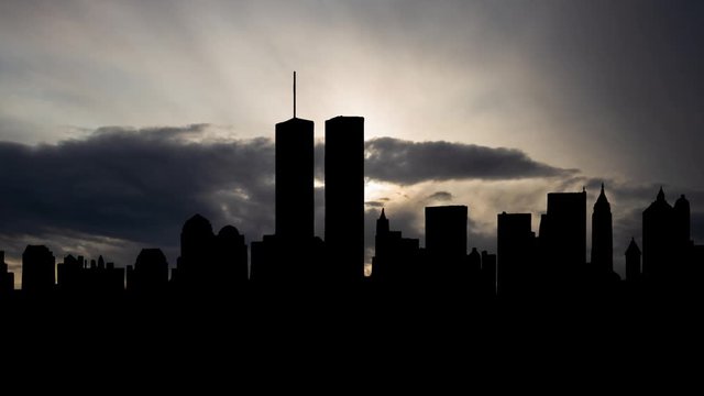 New York City, September 2000: The original World Trade Center with the Twin Towers at Sunrise, destroyed in 2001 during the September 11 2001 attacks, Manhattan, USA