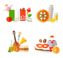 Pre-made cards with italian symbols and attributes. A set of compositions on the theme of travel to Italy. Vector illustration in flat style. Travel patterns.