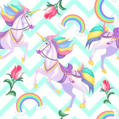 Cute white unicorns with rainbow hair on light blue stripes seamless vector pattern background illustration
