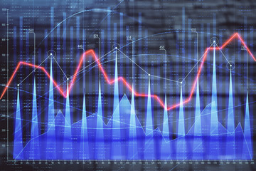 Financial chart hologram with abstract background. Double exposure. Concept of market analysis