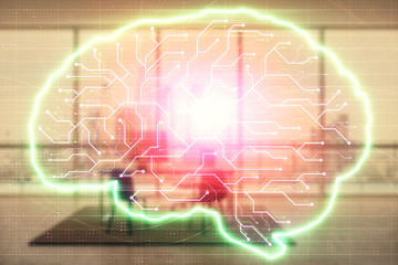 Brain sign hologram with minimalistic cabinet background. Double exposure. Ai concept.