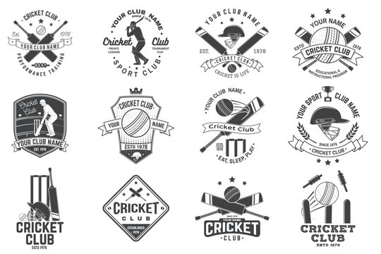 Set of cricket club badges. Vector. Concept for shirt, print, stamp or tee. Templates for cricket sports club.