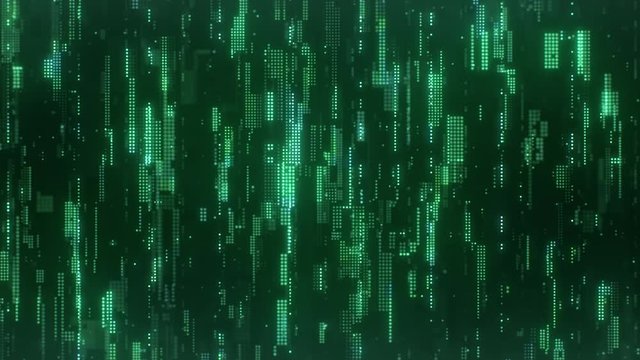 The abstract high-tech digital background represents machine learning. The bright green flickering pixels combined into matrices randomly spaced over a dark background.