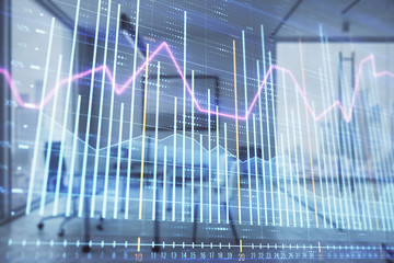 Business theme graph hologram with minimalistic cabinet interior background. Double exposure. Stock market concept.