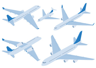 Flat design vector isometric airplanes set. Private jet. Passenger airplane, private jet and airline plane. Transportation and aircraft icons and design element set.