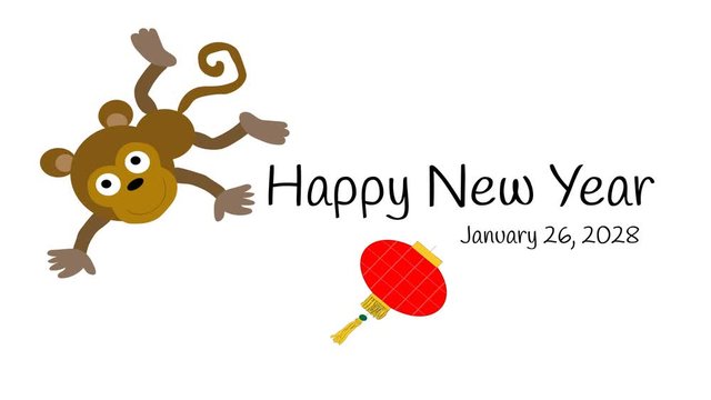 Chinese Horoscope monkey animated on white with New Year greeting.