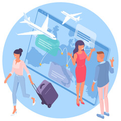 Flat design isometric vector illustration for airline flight booking service advertisement, web application and mobile app template.