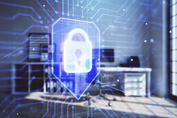 lock sign hologram with minimalistic cabinet interior background. Double exposure. Data security concept.