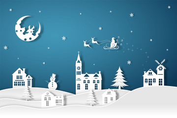 Merry Christmas and Happy New Year.Illustration of Santa Claus on the night sky in the winter.paper art design.
