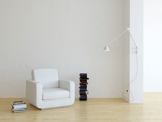 3d rendering of new minimalistic interior design with white armchair and books