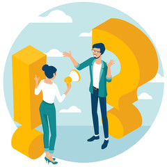 Exclamation and question mark. Flat design isometric vector illustration of young man and woman with alert sign. Exclamation mark, answer for question, alert, warning and notification.