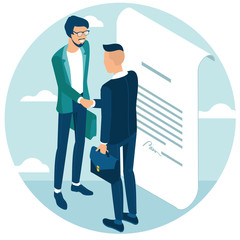 Business people shake hands after negotiation, came to agreement and completed the deal with a handshake. Flat design isometric vector concept for web site and application design and presentation.