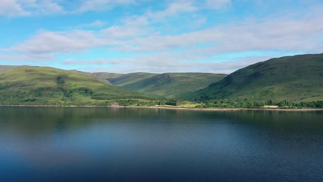 Aerial view of Loch Eil/Linnhe situated in landscape of Scottish Highlands, lush green hills and deep lake - panorama of Highlands of Scotland from above, United Kingdom, Great Britain, Europe