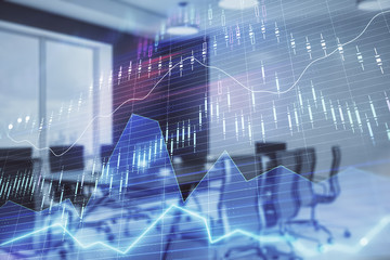 Double exposure of forex chart on conference room background. Concept of stock market analysis