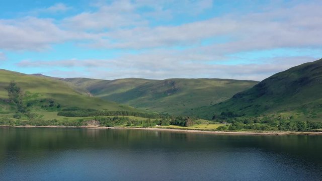 Aerial view of Loch Eil/Linnhe situated in landscape of Scottish Highlands, lush green hills and deep lake - panorama of Highlands of Scotland from above, United Kingdom, Great Britain, Europe
