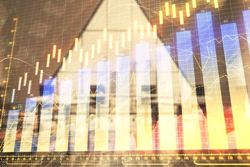 Double exposure of forex chart on conference room background. Concept of stock market analysis