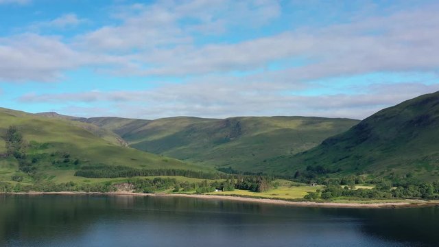Aerial view of Loch Eil/Linnhe situated in landscape of Scottish Highlands, lush green hills and deep lake - panorama of Highlands of Scotland from above, United Kingdom, Great Britain, Europe