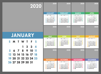 Calendar 2020 year. Vector design template. Multi-colored months. Free place for photo