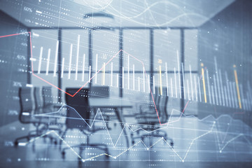 Multi exposure of stock market graph on conference room background. Concept of financial analysis