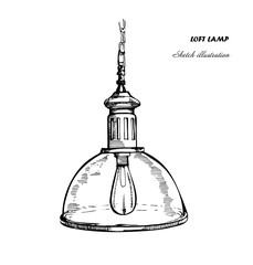 Hand drawn loft lamps and glass dome .Modern ceiling lights in industrial style.Sketch illustration © aleksandranimf