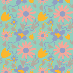 Abstract seamless pattern with leaves and flowers. Hand drawn vector on modern style