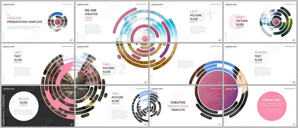 Sticker minimal presentations design, portfolio vector templates with gray colorful circle elements on white