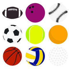 Vector ball games symbols set in same frame for example bowling, tennis, american football, soccer, golf, basketball, volleyball, billiards, baseball vectorial sport balls icons set