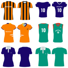 Colorful uniform with yellow, purple, blue cloth and unisex t shirt for sport activities.