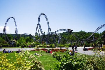 Giant iron roller coaster in adventure park