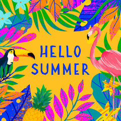 Summer vector illustration with bright tropical leaves,flamingo and toucan.Multicolor plants with hand drawn texture.Exotic background perfect for prints,flyers,banners,invitations,social media. © Xenia Artwork 