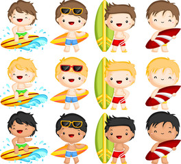  a vector of many man surfing in the sea
